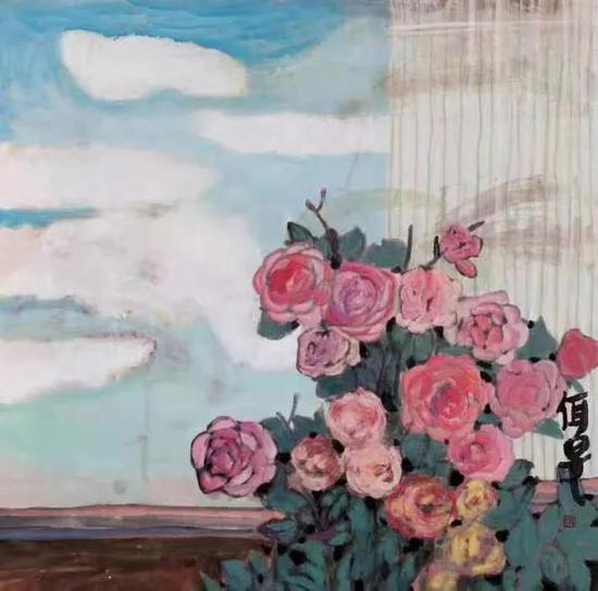 玫瑰与白云 宣纸、墨、国画色 杨佴旻 2019年 38.5x39cm