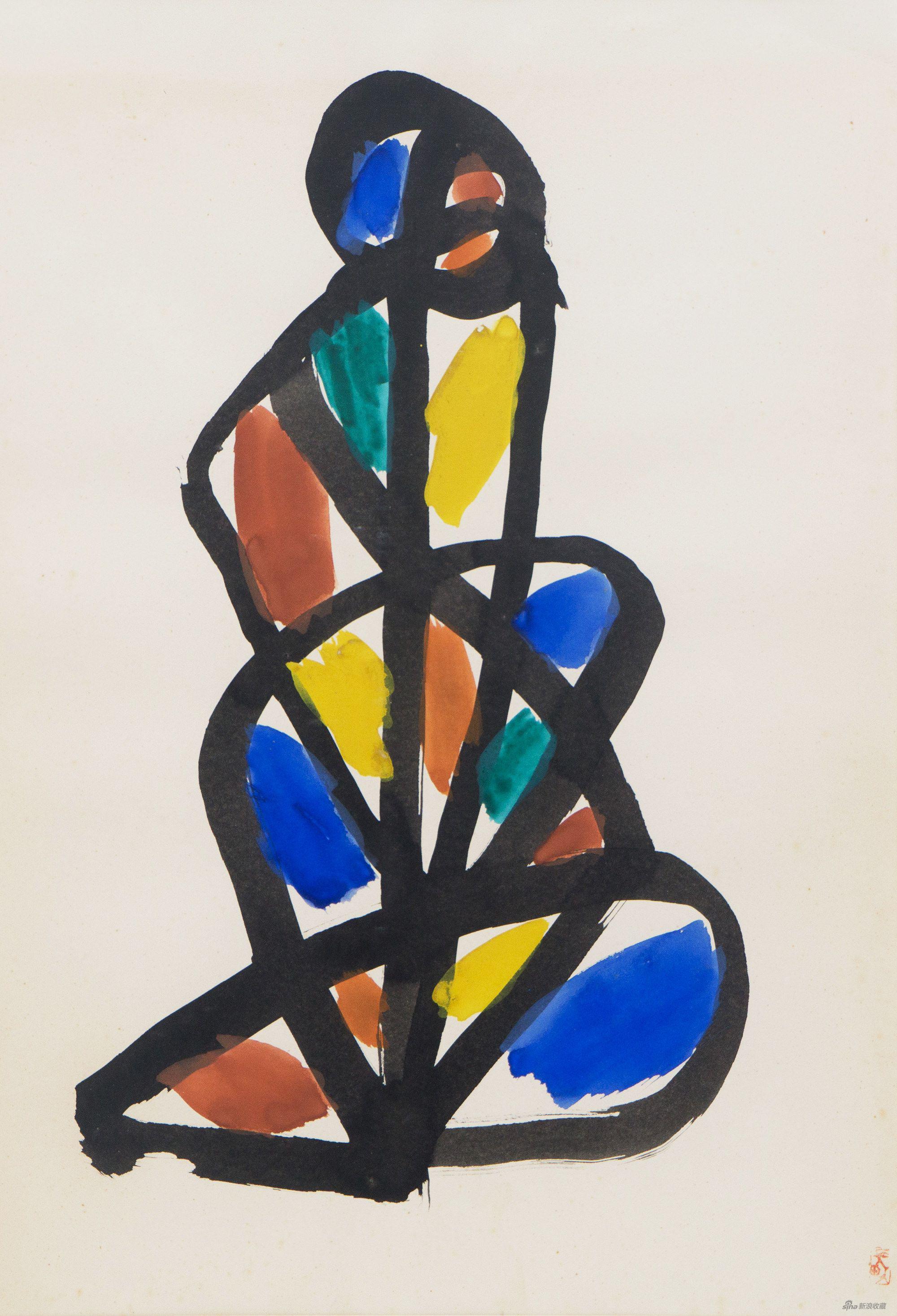 山口长男《无题》；52x36cm； 纸本水墨、水彩； 1970；签名：艺术家钤印一枚（朱）