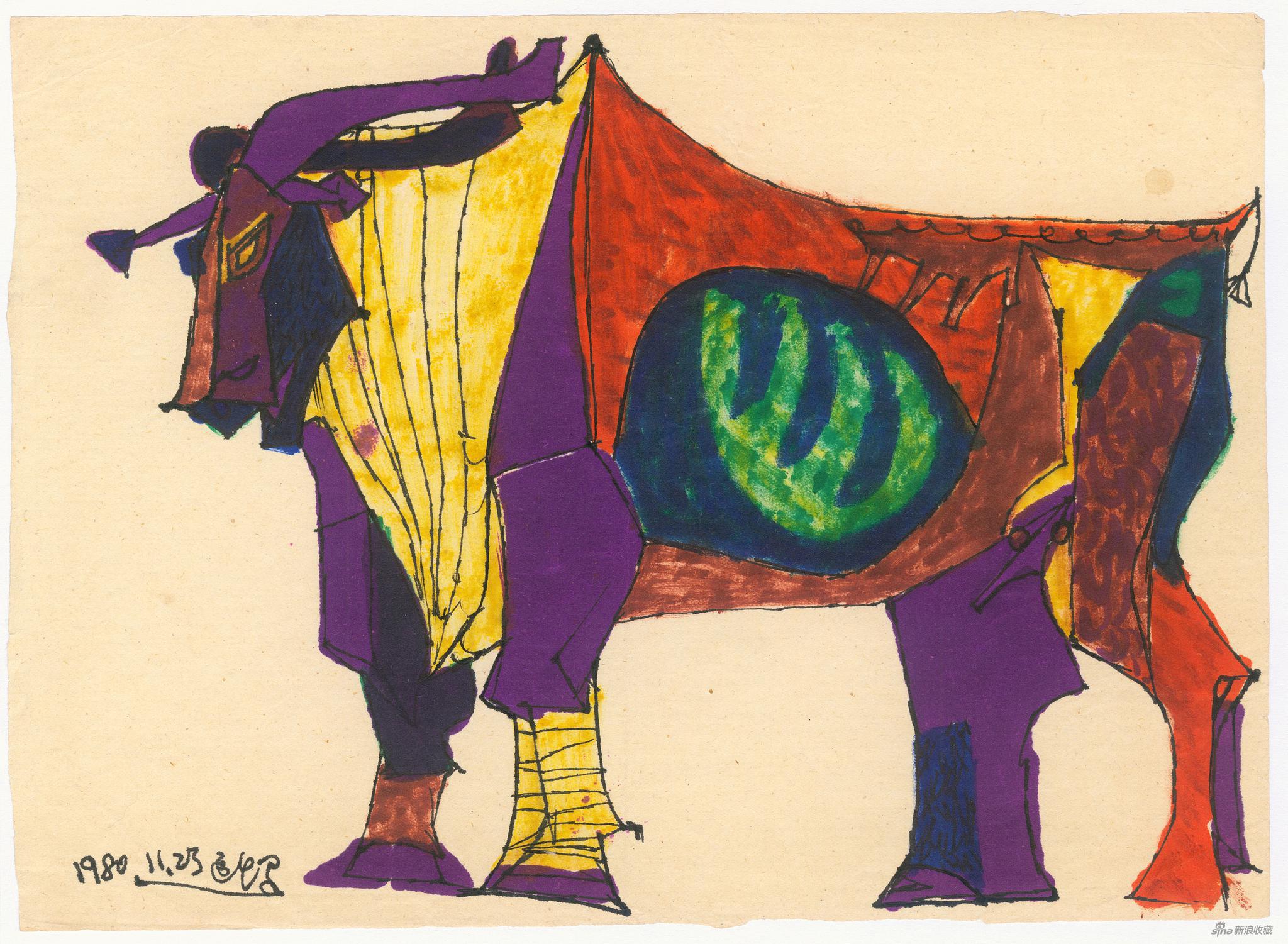 牛（室宿），纸本水彩、钢笔，19.5x27cm， 1980