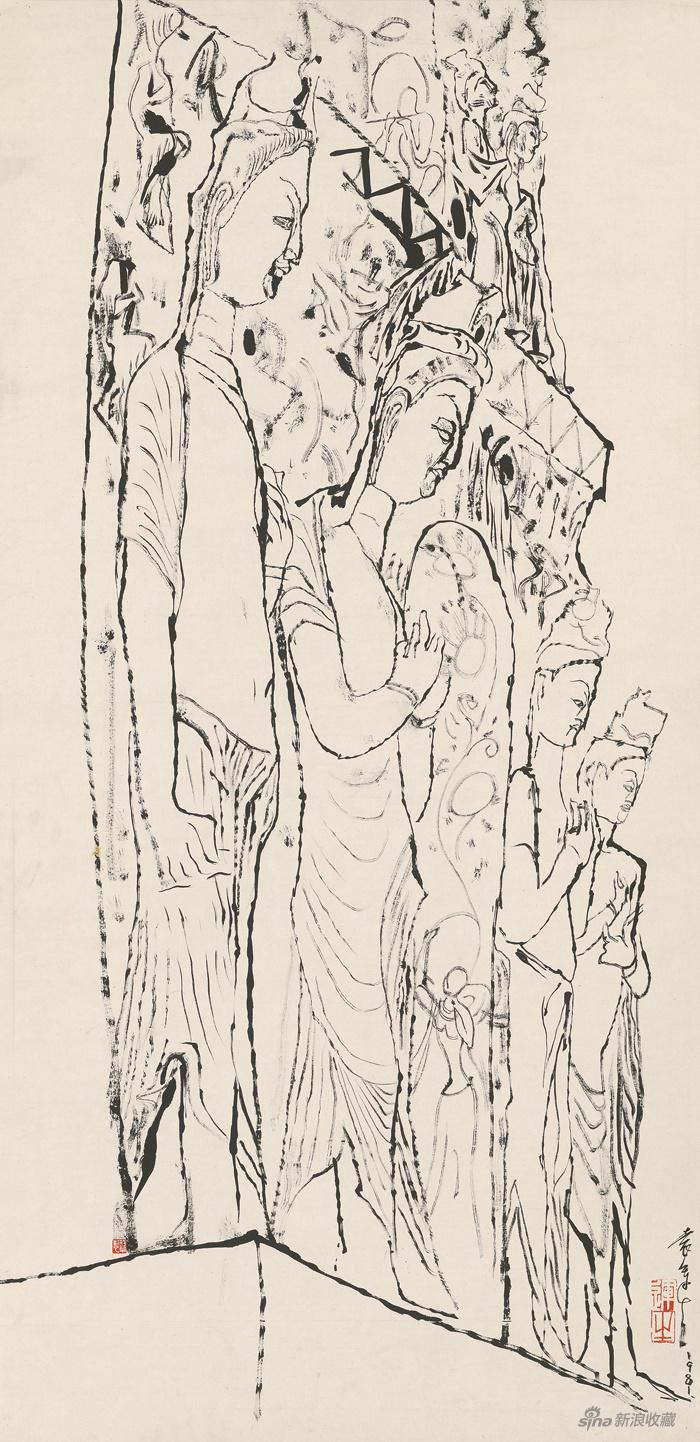 敦煌众佛像写生，宣纸水墨，66x137cm，1981