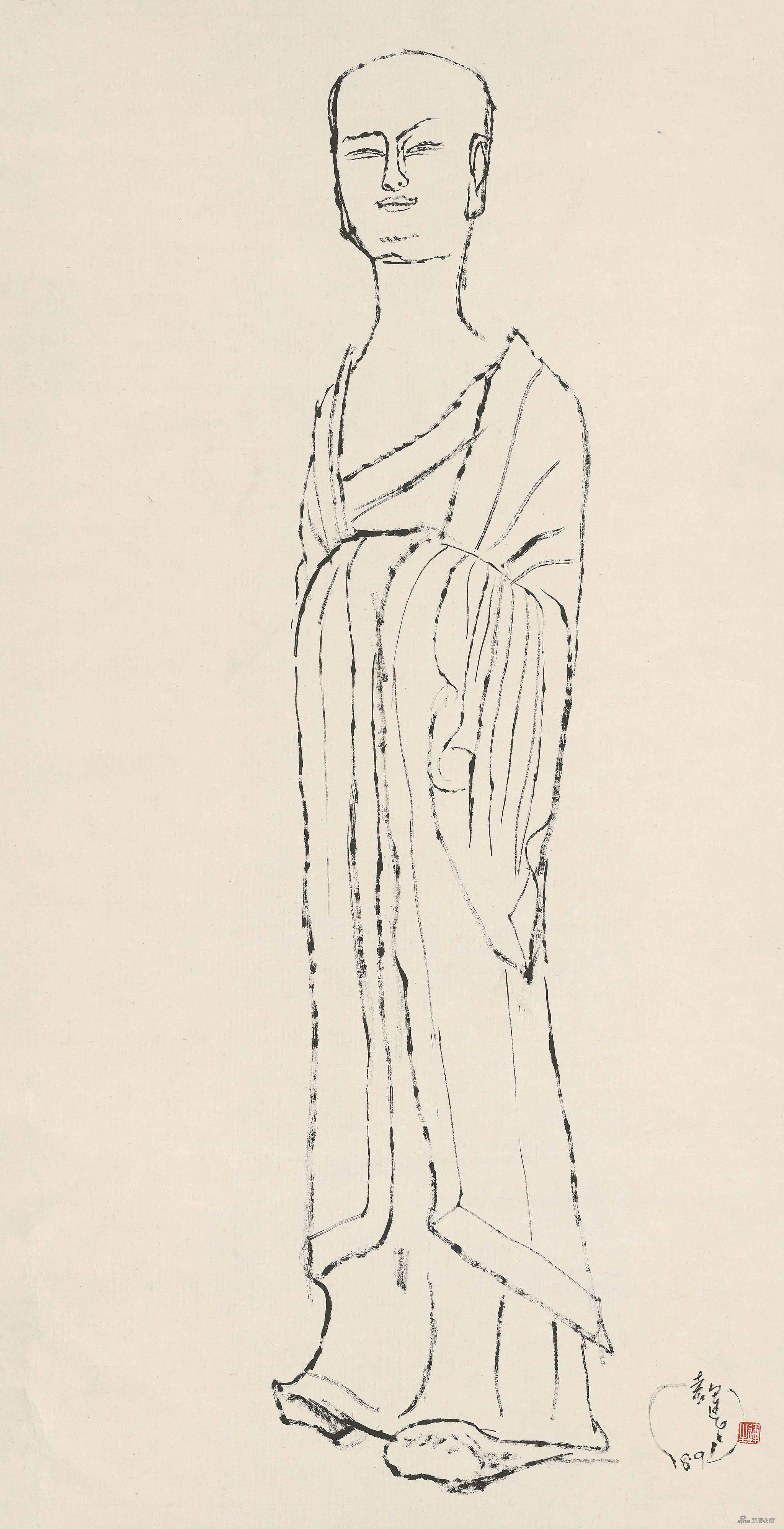 　　麦积山立着的小阿难写生，宣纸水墨，66x127.7cm，1981