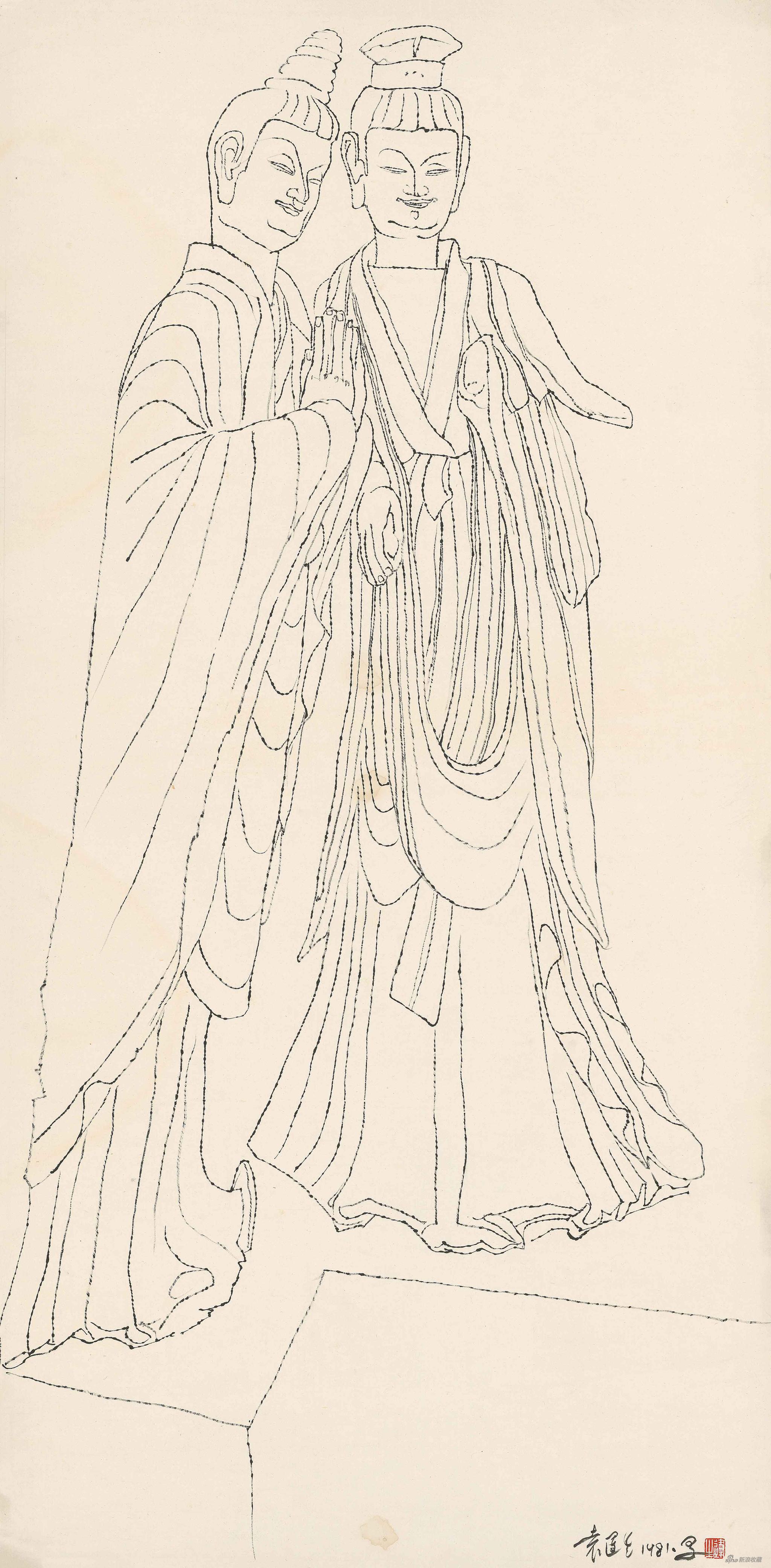 　　麦积山双佛像白描，宣纸水墨，138.5x69.5cm，1981