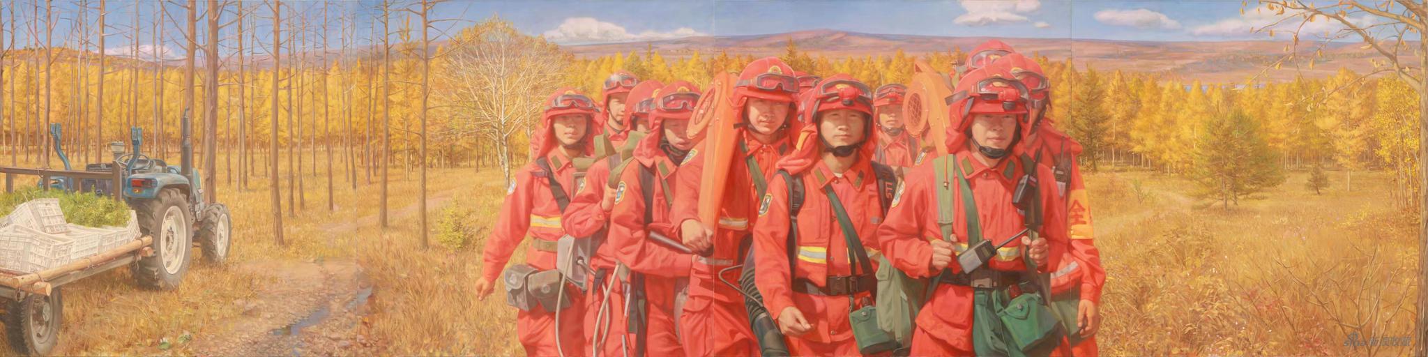 《塞罕坝的故事》布面油画 胡建成、蔡昊坤125x500cm 2018年