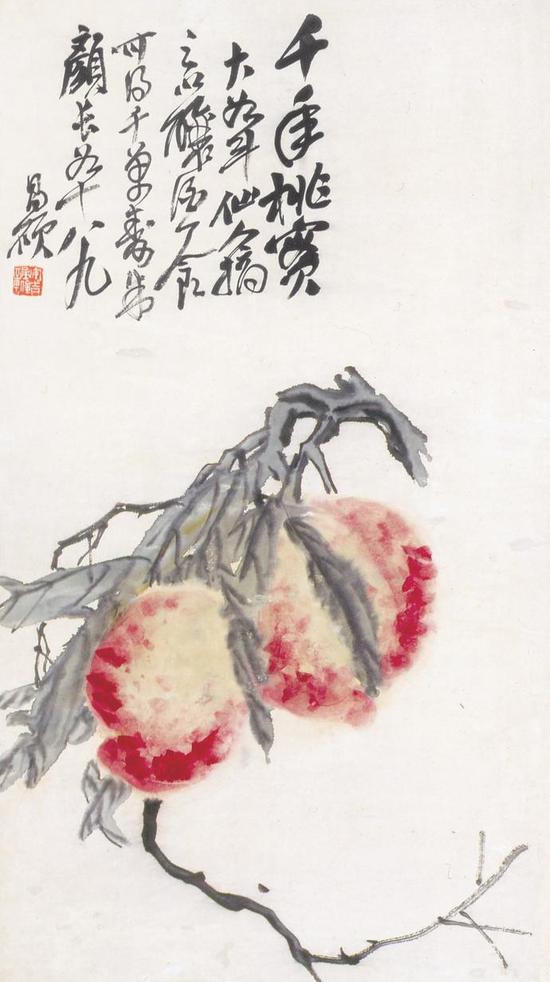 吴昌硕《双桃》72.5×40cm 纸本设色 1856年 北京画院藏
