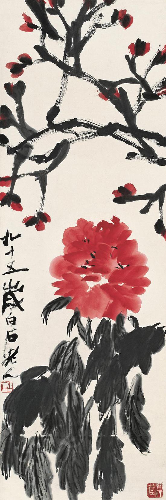 齐白石 《牡丹》103.5×34cm 纸本设色 1955年 北京画院藏