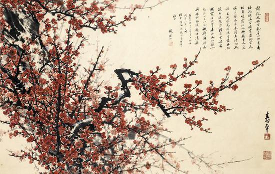董寿平 《红梅颂》 67.5×104cm 纸本设色 1973年 清华大学艺术博物馆藏馆藏
