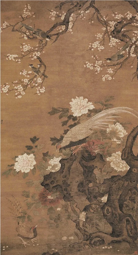 明 吕纪 牡丹锦鸡图 184.3×100cm 国画 中国美术馆藏