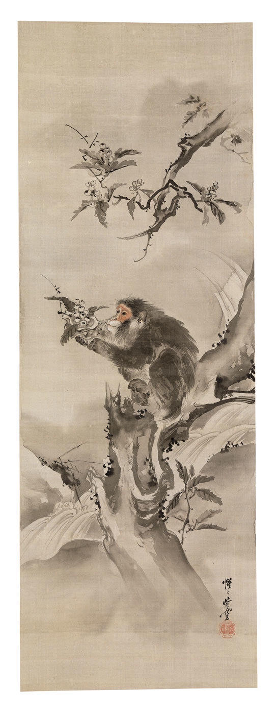 河锅晓斋，《河边树上的猴子》（双联画的右手卷）， 1888年5月