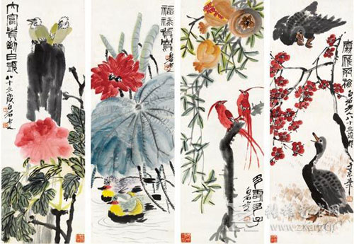 齐白石 花鸟四屏 1947年作  镜心 设色纸本 100×335cm×4 5577.5万成交