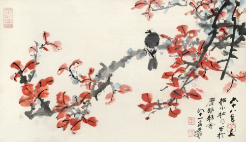 张大千 红叶小鸟 设色纸本 镜框 