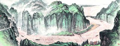     《龙门图》   黄景涛  70厘米×180