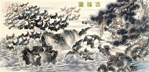百蝠图，“蝠”与“福”谐音，寓意福星高照