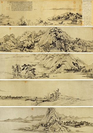   台北故宫博物院收藏   （元）  黄公望　富春山居图（黄公望代表作）纵33厘米，横636.9厘米，纸本，水墨。始画于至正七年(1347年)，于至正十年完成。该画于清代顺治年间曾遭火焚，断为两段，前半卷被另行装裱，重新定名为《剩山图》，现藏浙江省博物馆。被誉为浙江博物馆“镇馆之宝”。