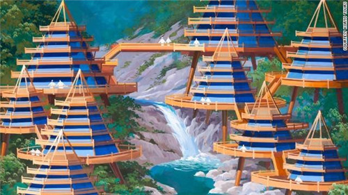 朝鲜金刚山地区，架设在瀑布周围的度假别墅群的效果图