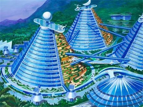 未来世界的锥形建筑群
