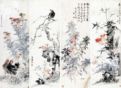 867 王雪涛(1903-1982)花鸟四屏 纸本镜心 100×33cm×4 约3平尺(每幅