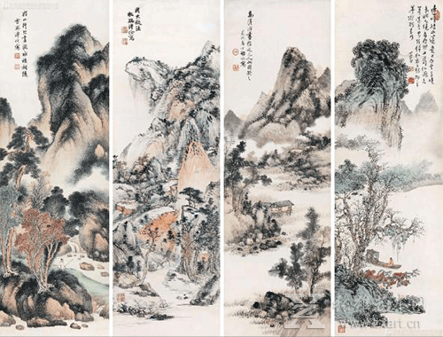 溥伒、溥佺、启功、溥儒 仿前人笔意