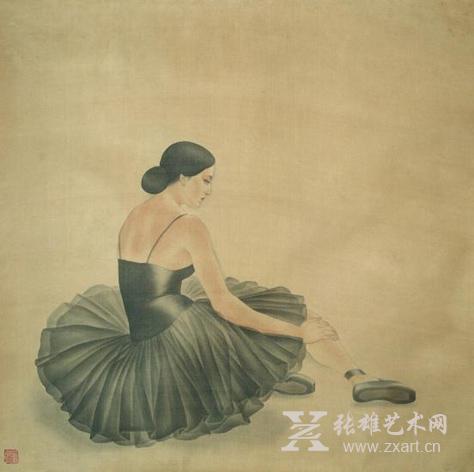   蒋采苹 着黑纱裙的芭蕾舞者 绢本淡彩 70x70cm 1990