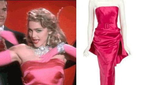 图为1984年，拍摄《拜金女郎》Material Girl MV时，麦当娜所穿着的玛丽莲·梦露Marilyn Monroe版紫红色长裙、披肩以及所佩戴的珠宝首饰。长裙及披肩拍卖估价介于2至4万美元。