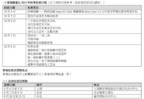 香港苏富比2014秋拍日程表