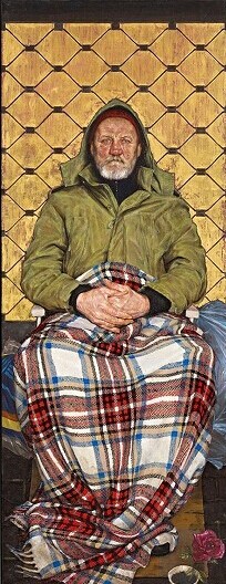 英国BP肖像奖获得一等奖的Thomas Ganter作品《盖着格子呢线毯的男人》 （160cm×60cm）