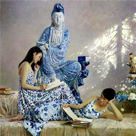 广东画家黄中羊画作欣赏：瓷器古董与女人