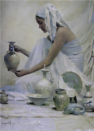 广东画家黄中羊画作欣赏：瓷器古董与女人