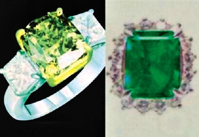 孟建国在马来西亚先后盗窃的闪电钻戒(左)及绿宝石戒指(右）