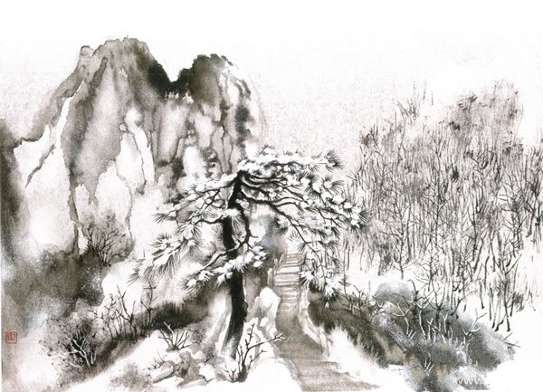 方俊《清凉峰飞雪》 2012年40×60cm 纸本水墨