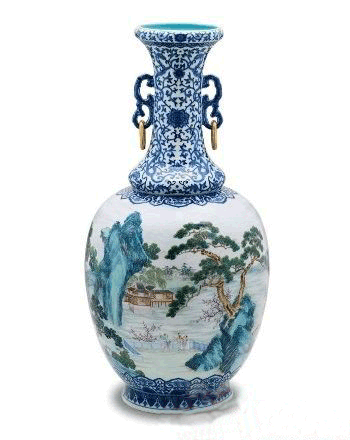 清乾隆御制青花粉彩游春图双耳瓶
