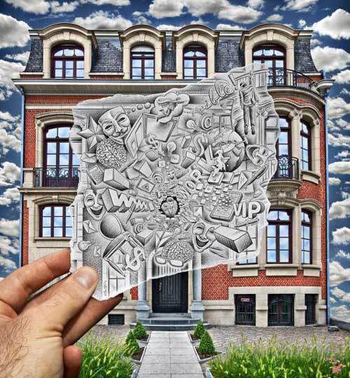 艺术家将素描和现实场景结合成极具想象力的照片