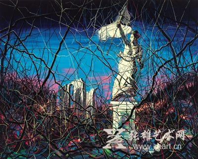    曾梵志创作了四个版本，此次与德拉克洛瓦的对话是第四版，自由女神被解构为写意式的雕像。    