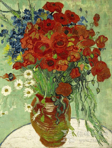 梵高静物油画《插满雏菊和罂粟花的花瓶》