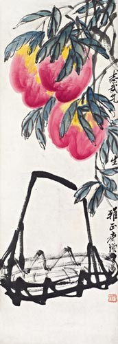 齐白石 三寿 镜心 设色纸本 100.2×34.5cm.