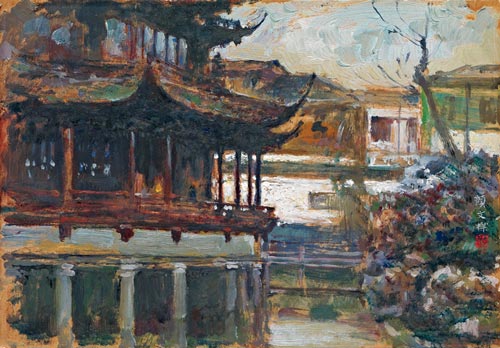 颜文樑 上海豫园 1964年作 纸板油画 18×25.8cm.