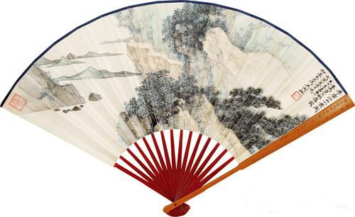 吴湖帆、王同愈 江山小景 行书 设色纸本 成扇 18.5×50 cm