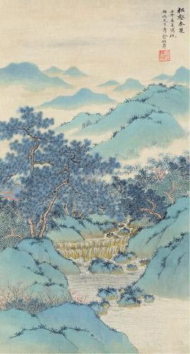 俞子才 松壑奔泉 设色纸本 屏轴 61×33 cm