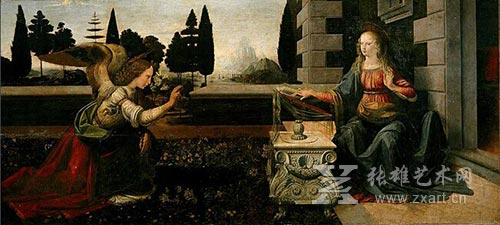 达•芬奇，《受胎告知》，木板·油彩 ，104×217厘米，佛罗伦萨乌菲齐博物馆