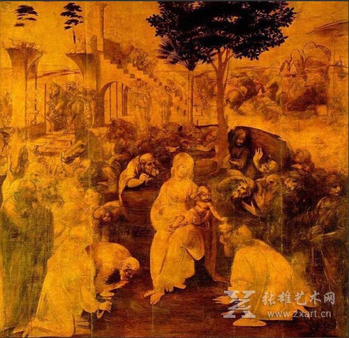 达•芬奇，《三博士来朝》，木板油画，246cm x 243cm，1481年，意大利乌菲兹美术馆