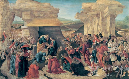 桑德罗·波提切利，《三博士来朝》，板面蛋彩画 ，107x173cm，1500-1510年，意大利乌菲齐博物馆