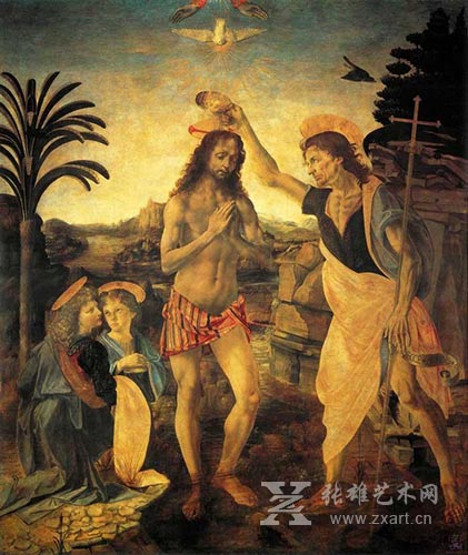达•芬奇，基督受洗 ，名画 、湿壁画 ，176.9×151.2厘米 ，1476年 ，佛罗伦萨乌菲齐博物馆 