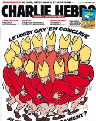 图中高级主教爆出娈童丑闻，漫画讽刺选教宗的红衣主教团是“lobby gay”。