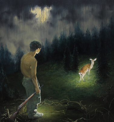 刘小才 《追逐着鹿的猎人是看不见山的》 120X150cm 布面油画 2014年银奖作品