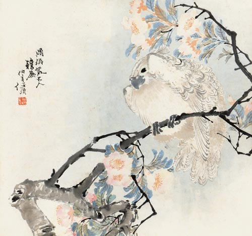 任伯年 海棠鹦鹉  设色纸本 镜框  31x32cm