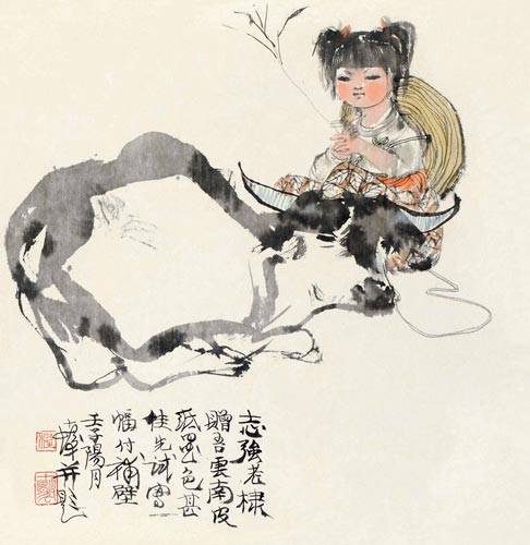 程十发 牧牛图 设色纸本 立轴 54x52cm