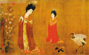   展出的唐朝《簪花仕女图》（局部）    