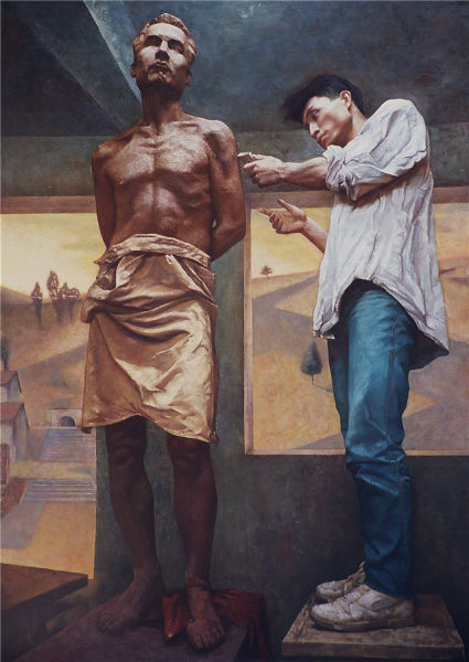 麻爱周 《做雕塑的同学》 布面油画 1997年