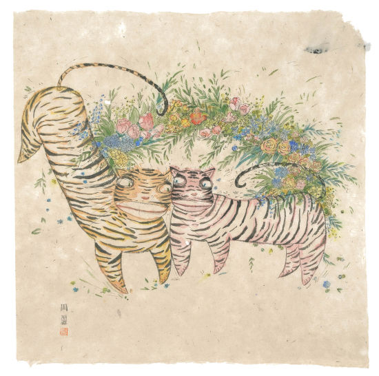 家有两虎的时光_60×60cm_手工宣纸水墨_2015