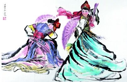 朝鲜画家金圣民《双人扇子舞》123x176cm 水墨纸本