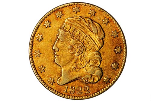 私人收藏中的一枚稀有钱币——1822年半鹰五元金币，拍前估价为800万至1000万美元。图片来源：苏富比。